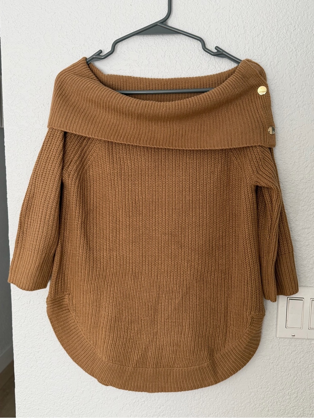 89th & Madison Camel AcrylicOff-the-Shoulder Fold-Over Sweater with Gold Buttons